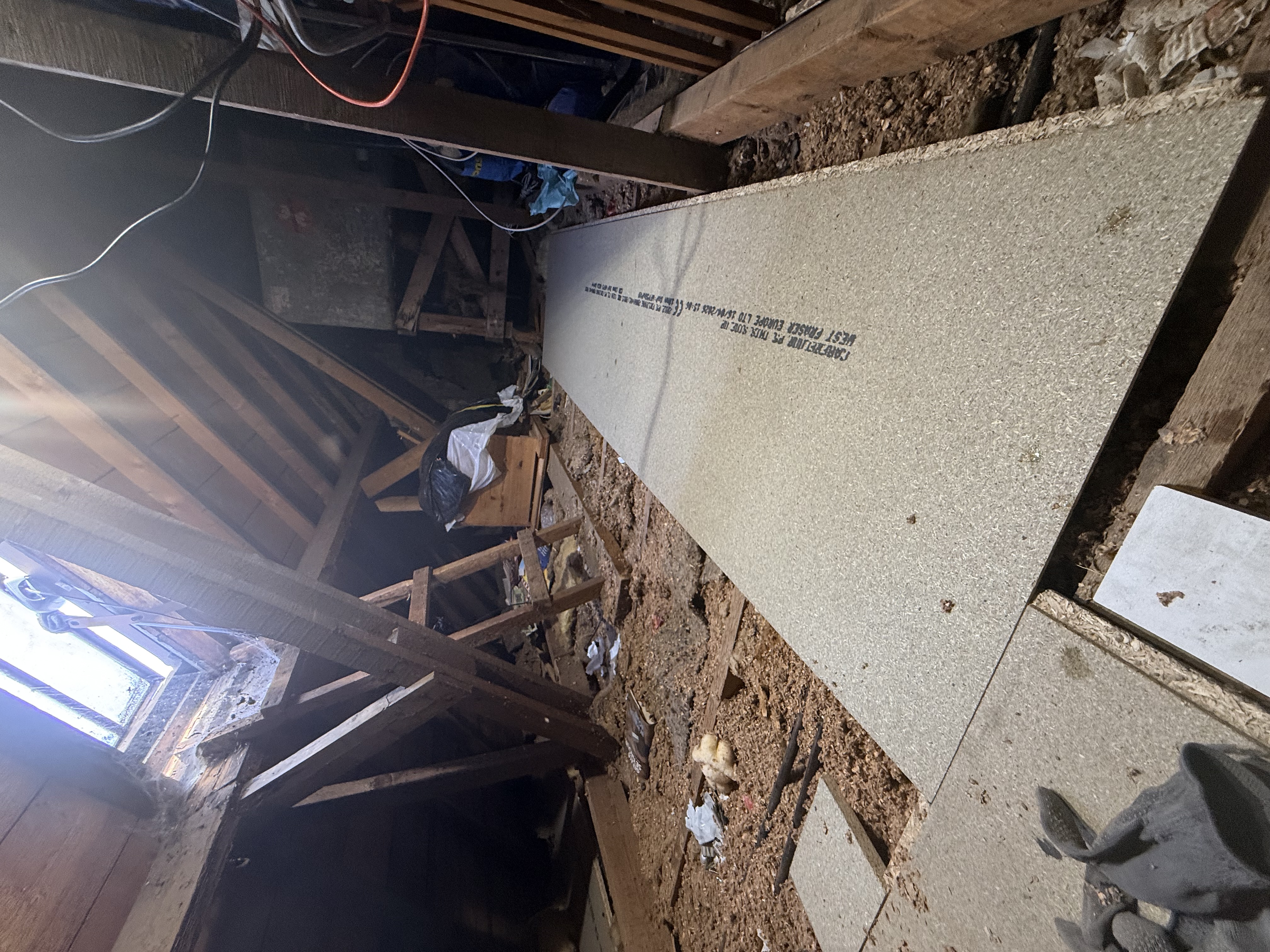 Locking down the first long run of fresh tongue and groove floor boards